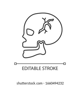 Skull fracture pixel perfect linear icon. Cranial bone break. Dangerous head injury. Emergency. Thin line customizable illustration. Contour symbol. Vector isolated outline drawing. Editable stroke