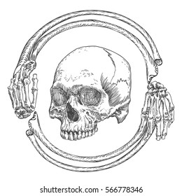 Skull in the frame made of hands bones. Occult witch craft magic portrait of the dead human head. Handmade detailed drawing. T-shirt print vector illustration.