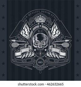 Skull front view between ribbon, cross arrows and torch. Heraldic vintage label on blackboard