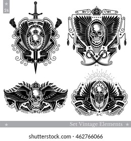 skull front view between wings and different element around. Set of vintage banners on white