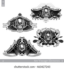 Skull front view between wings and different pattern around. Set of vintage banners on white