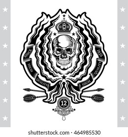 Skull front view in center of abstract wreath from plant and ribbons with cross arrows under. Heraldic vintage label on white