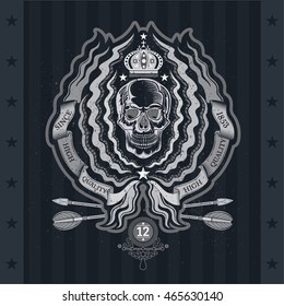 Skull front view in center of abstract wreath from plant and ribbons with cross arrows under. Heraldic vintage label on blackboard