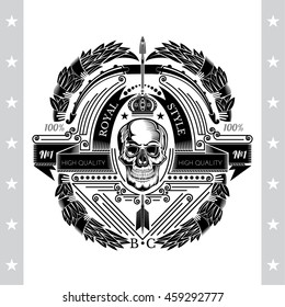 Skull front view in the center of bow with arrow and between laurel wreath. Heraldic vintage label on white