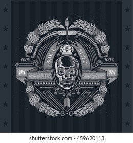 Skull front view in the center of bow with arrow and between laurel wreath. Heraldic vintage label on blackboard