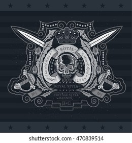 Skull front view in center of dandelion wreath and cross swords. Heraldic vintage label on blackboard