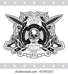 Skull front view in center of dandelion wreath and cross swords. Heraldic vintage label on white