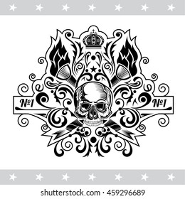 Skull front view in center of floral pattern and cross torches. Heraldic vintage label on white