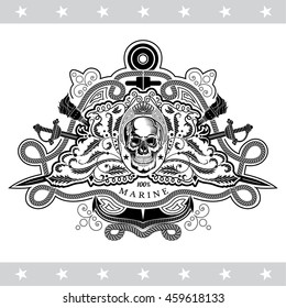 Skull front view in center of floral pattern with cross saber and anchor behind. Marine label isolated on white