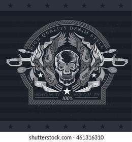 Skull front view in center laurel wreath with cross sabers and cross arrows. Heraldic vintage label on blackboard