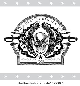 Skull front view in center laurel wreath with cross sabers and cross arrows. Heraldic vintage label on white