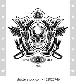Skull front view in center of laurel wreath with cross sabers and arrows. Heraldic vintage label on white