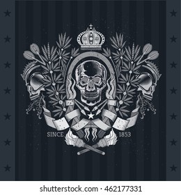 Skull front view in center of laurel wreath with cross torches and arrows. Heraldic vintage label on blackboard