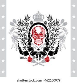 Skull front view in center of laurel wreath with cross torches and arrows. Heraldic vintage label on white