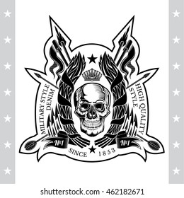 Skull front view in center of laurel wreath with cross spears and flags. Heraldic vintage label on white