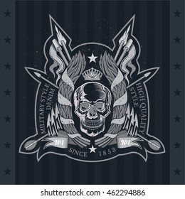Skull front view in center of laurel wreath with cross spears and flags. Heraldic vintage label on blackboard