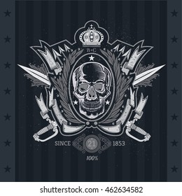 Skull front view in center of laurel wreath with cross sabers and arrows. Heraldic vintage label on blackboard
