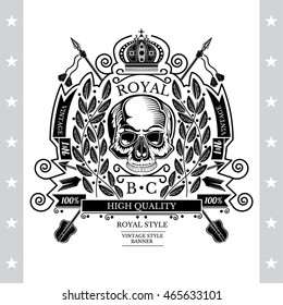 Skull front view in center of laurel wreath with cross arrows. Heraldic vintage label on white