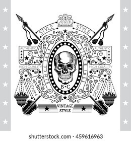 Skull front view in center of line pattern with icon-lamps and cross arrows behind. Heraldic vintage label on white