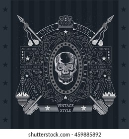 Skull front view in center of line pattern with icon-lamps and cross arrows behind. Heraldic vintage label on blackboard