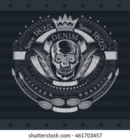Skull front view in center of line pattern and bend arrows. Vintage label isolated on blackboard