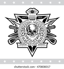 Skull front view in center oak wreath with cross arrows and swords. Heraldic vintage label on white