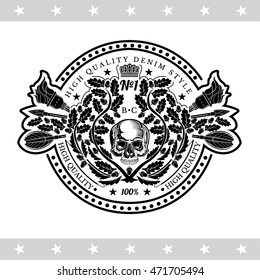 Skull front view in center oak wreath with cross arrows and torches . Heraldic vintage label on white