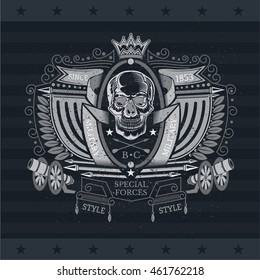 Skull front view in center oval frame between flags, cannon and ribbons. Vintage label isolated on blackboard