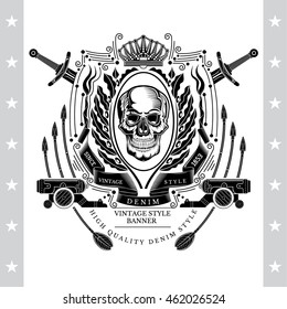 Skull front view in center of oval olive wreath between cross swords, cannons and arrows. Heraldic vintage label on white