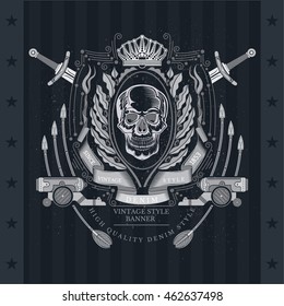Skull front view in center of oval olive wreath between cross swords, cannons and arrows. Heraldic vintage label on blackboard