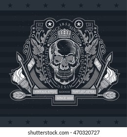 Skull front view in center of oval wreath between torch and arrows. Heraldic vintage label on blackboard