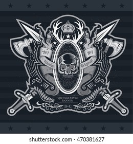 Skull front view in center of oval wreath wrapped by ribbon with cross sword and axe. Heraldic vintage label on blackboard