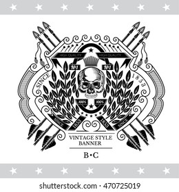 Skull front view in center oval wreath with cross arrows. Heraldic vintage label on white