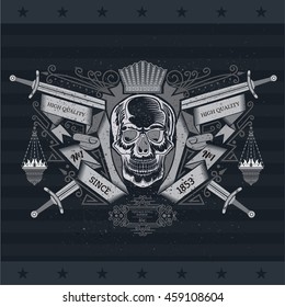 Skull front view in center of ribbon pattern with icon-lamps and cross swords behind. Heraldic vintage label on blackboard