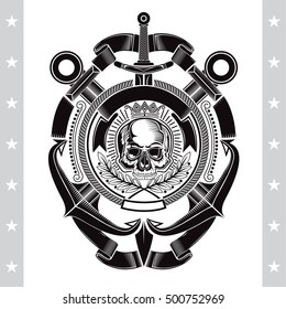 Skull front view in center rope frame with cross anchors and vertical sword. Heraldic marine vintage label isolated on white