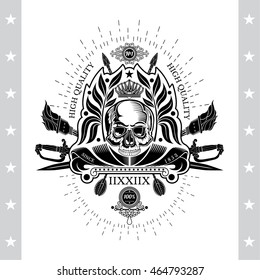 Skull front view in center of round plant wreath with cross saber, arrows and torches. Heraldic vintage label on white