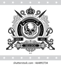 Skull front view in center of round ribbon with cross sabers behind. Marine label isolated on white