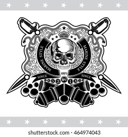 Skull front view in center of round ribbon between line pattern with cross sabers and cannon behind. Marine label isolated on white