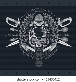 Skull front view in center of round laurel wreath with cross swords and arrows. Heraldic vintage label on blackboard