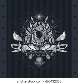 Skull front view in center of round plant wreath with cross saber, arrows and torches. Heraldic vintage label on blackboard