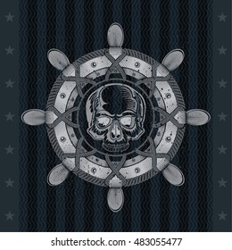 Skull front view in center of ship wheel. Marine vintage label on blackboard