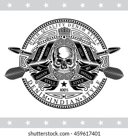 Skull front view in center of winding ribbon pattern and cross arrows behind. Heraldic vintage label on white