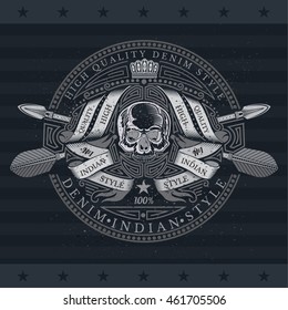 Skull front view in center of winding ribbon pattern and cross arrows behind. Heraldic vintage label on blackboard