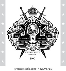 Skull front view in center of winding ribbon with cross sword and floral line pattern. Heraldic vintage label on white