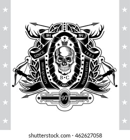Skull front view in center of winding ribbon and wreath with cross arrows, horns, crossbow. Heraldic vintage label on white