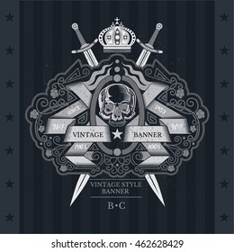 Skull front view in center of winding ribbon with cross sword and floral line pattern. Heraldic vintage label on blackboard