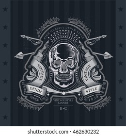 Skull front view in center of winding ribbon with cross arrows and line pattern. Heraldic vintage label on blackboard