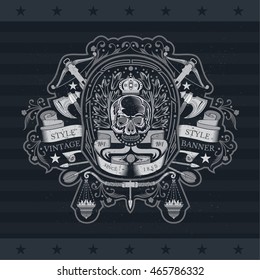 Skull front view in center of winding ribbon and wreath with cross arrows, horns, crossbow. Heraldic vintage label on blackboard