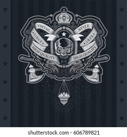 Skull front view in center of winding ribbon pattern with icon-lamp and cross axe behind. Heraldic vintage label on blackboard