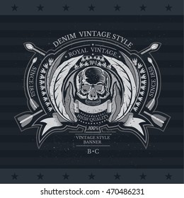 Skull front view in center of wreath with cross arrows. Heraldic vintage label on blackboard